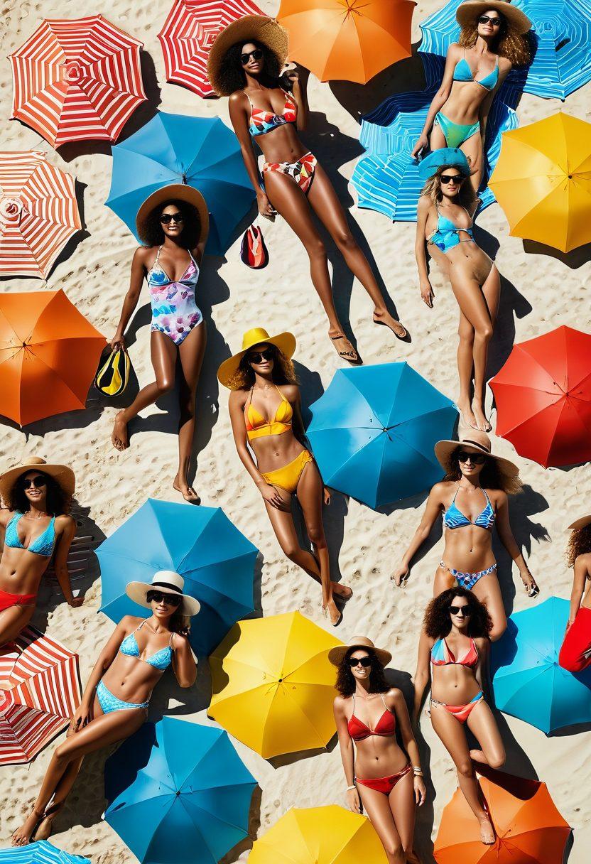 A sun-soaked beach scene showcasing a variety of trendy swimwear styles on diverse models lounging under colorful umbrellas. Include stylish beach accessories like wide-brimmed hats, sunglasses, and beach towels. Capture the essence of summer vibes with sparkling ocean waves and a bright blue sky in the background. The models should exude confidence, showcasing the latest swimwear trends. vibrant colors. super-realistic. high contrast.