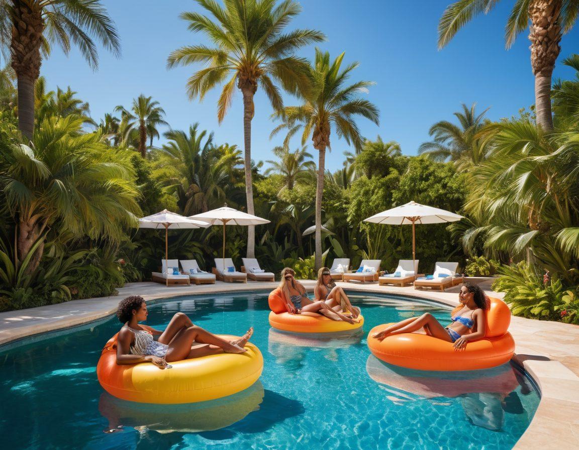 A chic, diverse group of stylish individuals lounging poolside, showcasing effortless summer outfits that flatter every body type. Incorporate vibrant pool floats, refreshing cocktails, and sunbathers under palm trees, with a serene paradise backdrop of clear blue skies and sun-kissed waters. The image should evoke a sense of relaxation and inclusivity. vibrant colors. super-realistic.