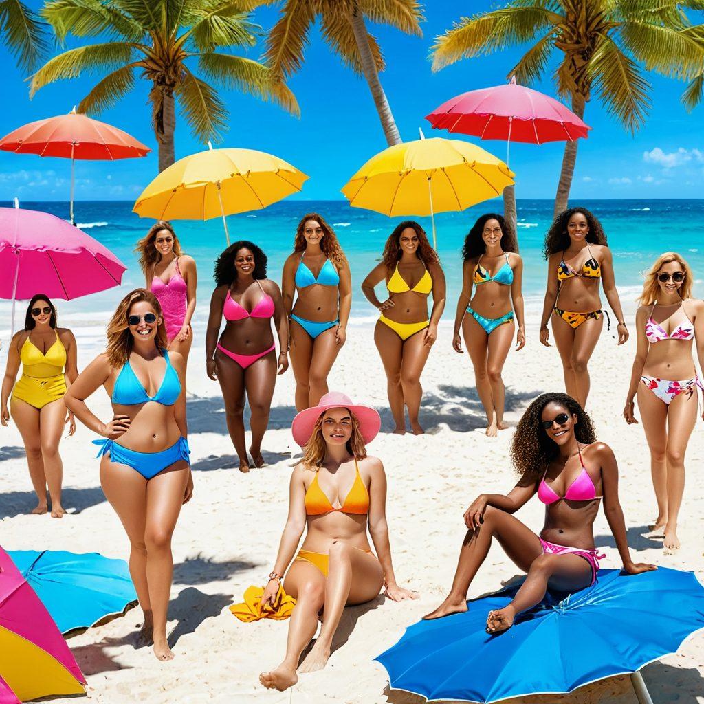 A vibrant beach scene featuring a diverse group of individuals showcasing various bikini styles that flatter different body types. Include bright sun, palm trees, and umbrellas to evoke a summery vibe. Highlight confident poses and joyful expressions as they enjoy the beach. Use a color palette of bright blues, pinks, and yellows for a cheerful atmosphere. super-realistic. vibrant colors. white background.